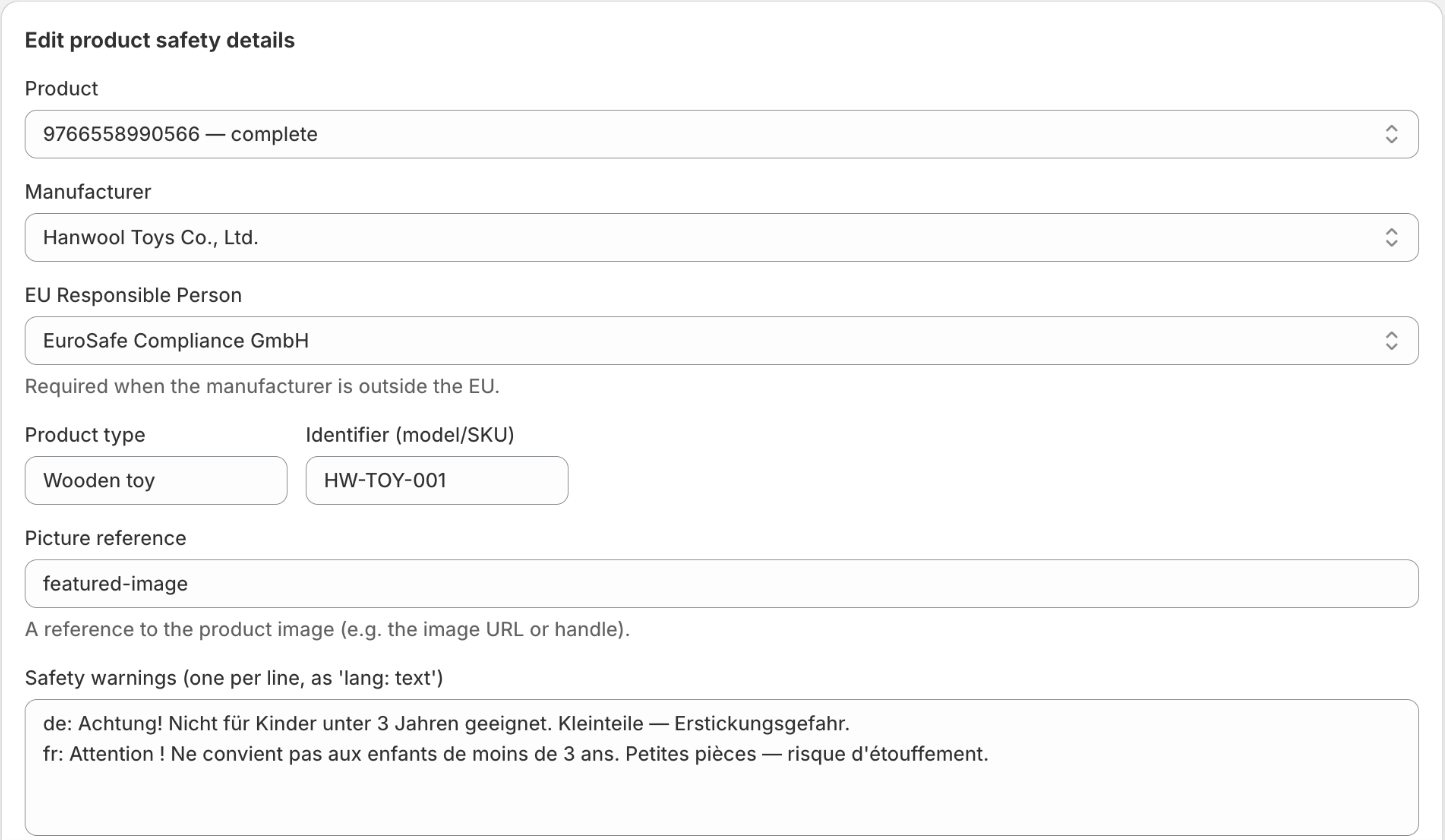 The Edit product safety details card filled in: product picked from the dropdown, manufacturer and EU Responsible Person linked, product type, identifier, picture reference, and two safety-warning lines in German and French