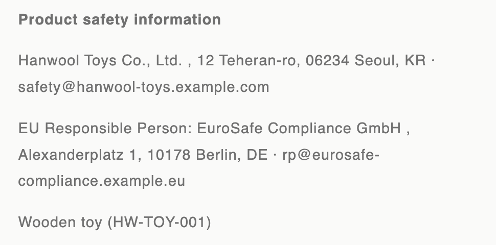 The storefront product page rendering the block: a Product safety information heading, the manufacturer's name, address and email, the EU Responsible Person line, and the product identification