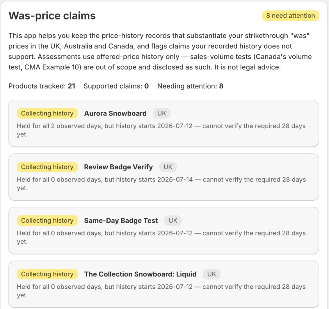 The Was-price claims dashboard card: an 8-need-attention badge, the Products tracked / Supported claims / Needing attention counters, and per-product Collecting history rows with UK market tags and their basis text